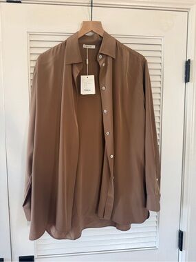 Chicjoc Brown Silk Button-Front Blouse